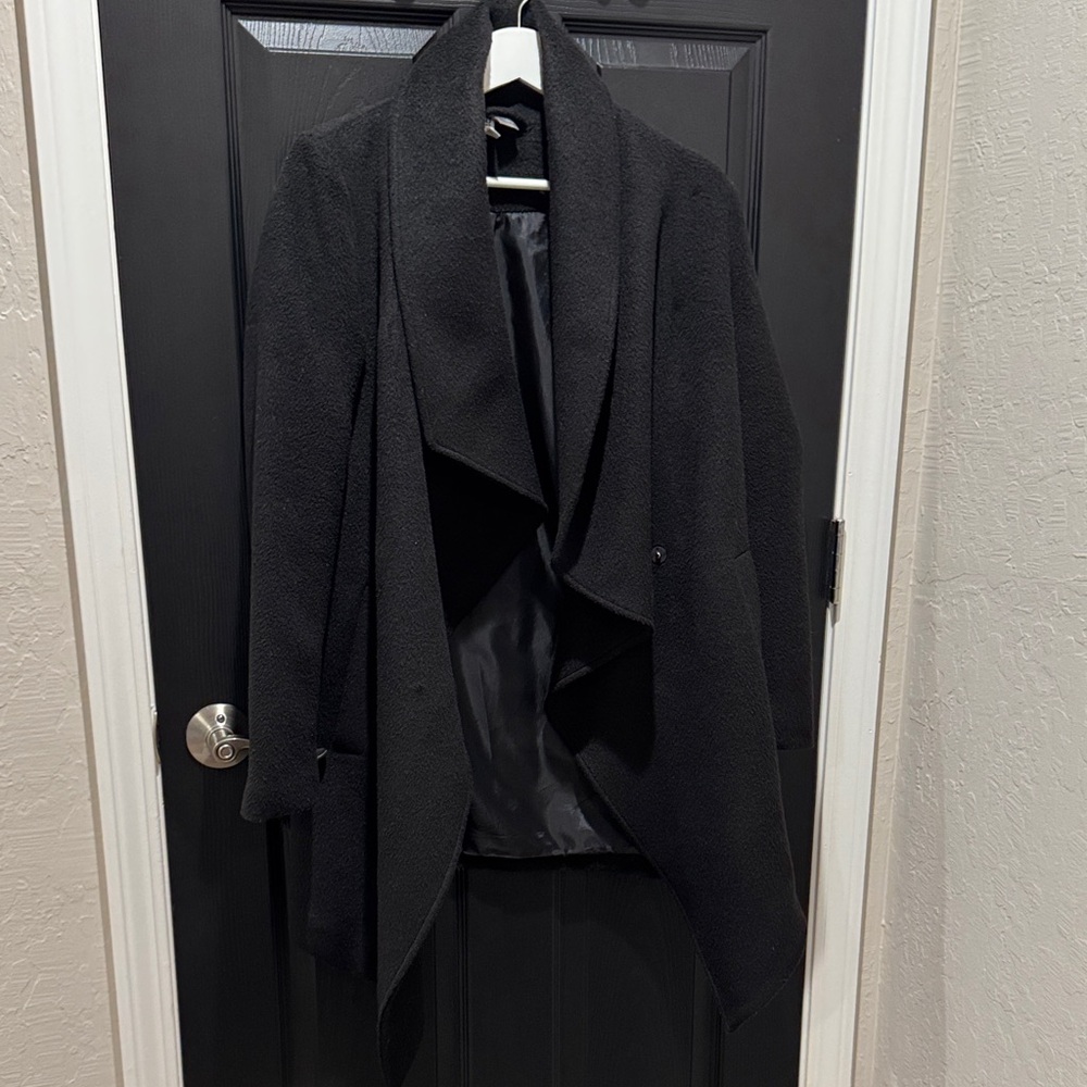 Divided Black Pea Coat with Drape Front